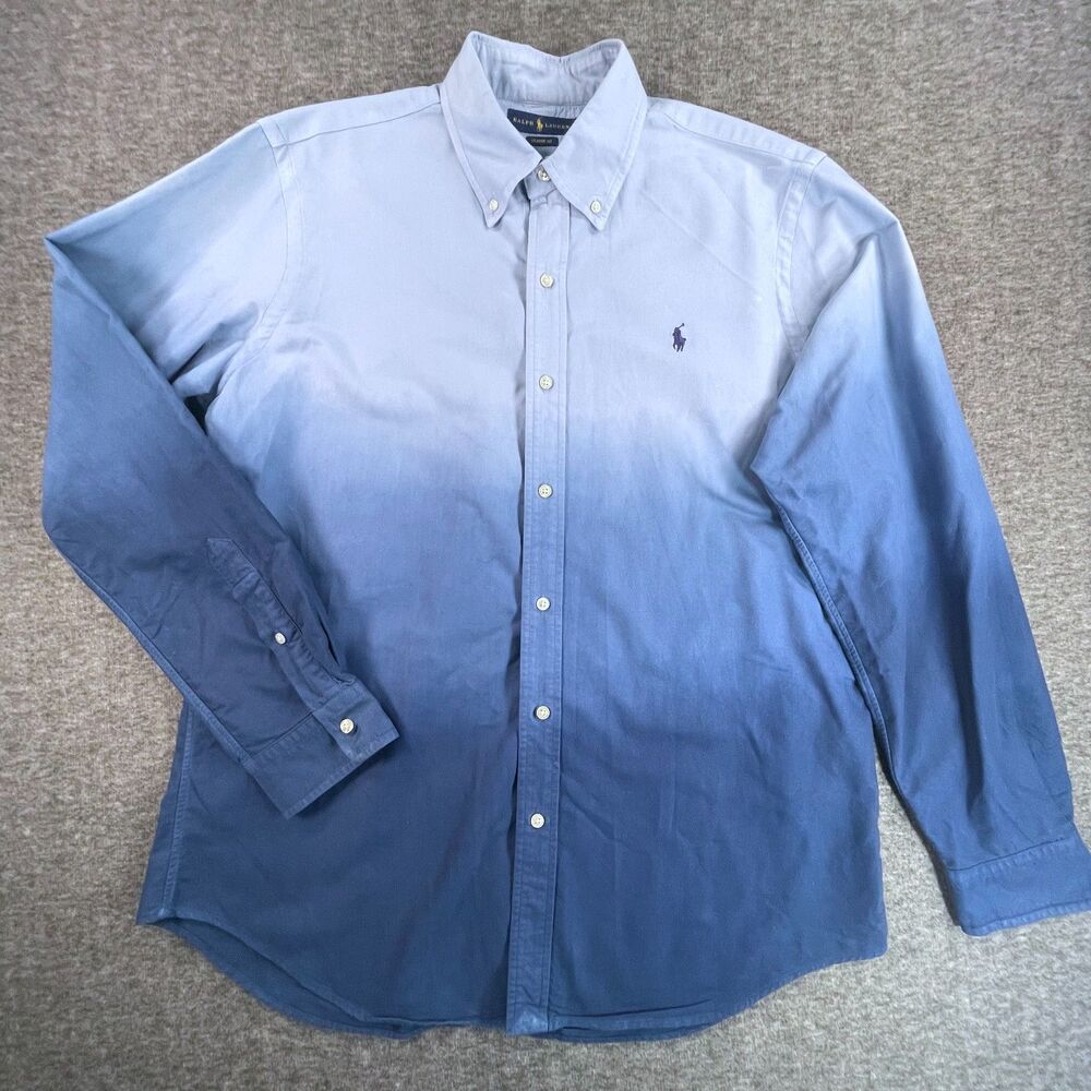 Polo Ralph Lauren Large Blue Ombre Dip Dye Button Down Classic Fit Shirt Preppy - Picture 2 of 11